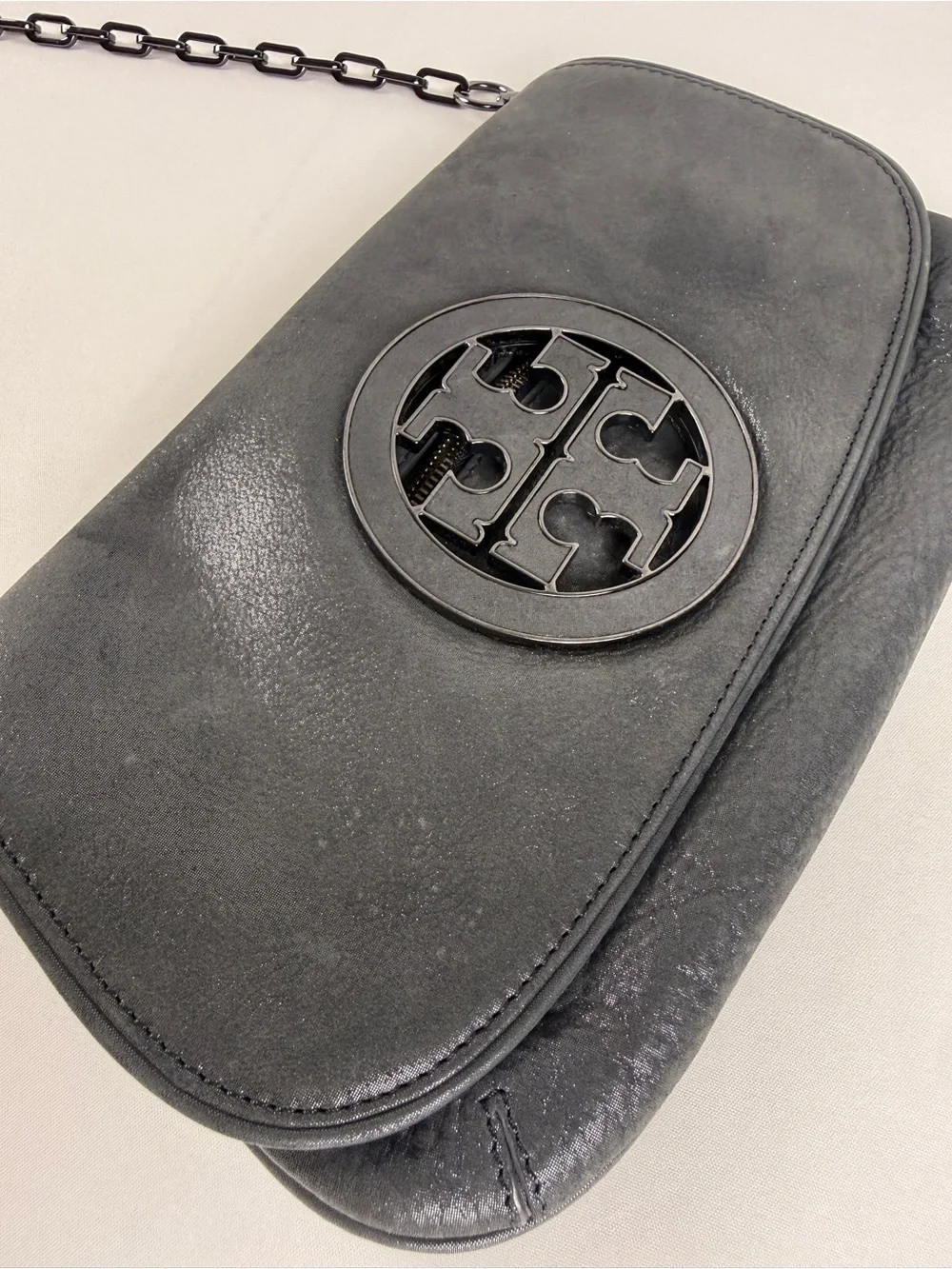 Tory Burch Black Leather Chain Strap Crossbody with Logo Medallion